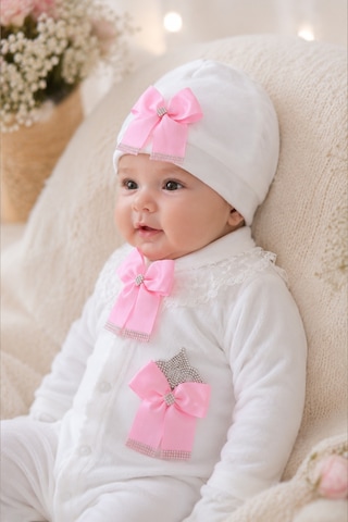 Sitilin Kız Bebek Kadife Kışlık Fiyong Taşlı Lüks Tulum Seti Premium Yenidoğan 0-3 Ay Stl7247 Pembe