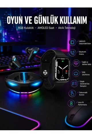 Mey İthalat Yeni Nesil Akıllı Saat Ve Kablosuz Kulaklık Kampanyası İkili Set Bluetooth Bağlantılı