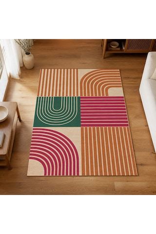 Kartela Halı Retro Çizgili Patchwork Halı Retro Canlı Kaymaz Taban Makinede Yıkanabilir 120x180 Cm