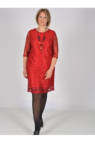 Nidya Moda Büyük Beden Midi Kolelbise-4009Bdk Kırmızı