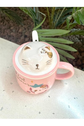 Kawai 3d Kedi Kapaklı Kaşıklı Kupa Bardak Pembe