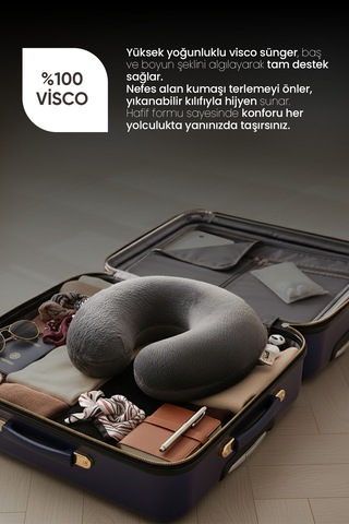 Ortopedik Seyahat Yastığı - Visco Seyahat Boyun Yastığı - Ortopedik Boyunluk Antrasit Beyaz