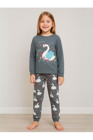 Kız Çocuk Kuğu Baskılı Pamuklu Pijama Takımı-16057 Haki