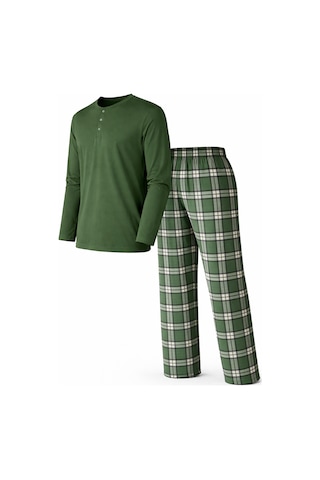 Mutlu City Erkek Mevsimlik Uzun Kollu 3 Düğmeli Ekose Alt Pijama Takımı 16649 Haki