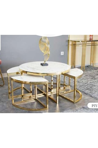 Mim Beyaz Mermer - Gold Yuvarlak 4+1 Pizza Orta Sehpa Beyaz Mermer - Gold