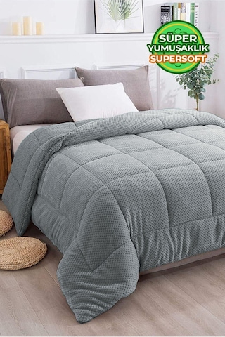 Ultra Yumuşak Çift Taraflı Wellsoft Peluş Yorgan Çift Kişilik Yıkanabilir 200x220 Cm Gri Gri