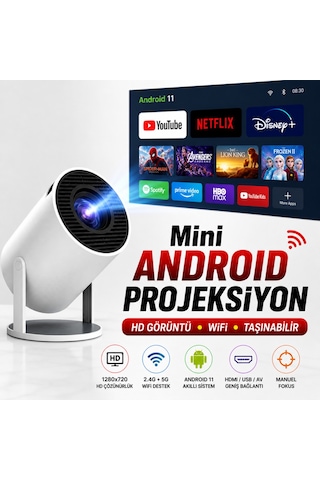 Mini Android 11 Projeksiyon Cihazı Hd 1280x720, Wifi 2.4g/5g, Hdmı Usb Destekli Taşınabilir Ev Sinema Projeksiyon