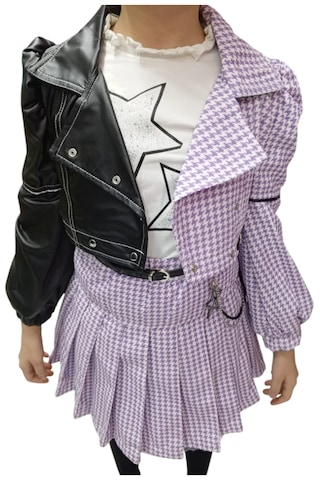 Kız Çocuk Deri Detaylı Lila Renk Üçlü Etekli Takım Lila