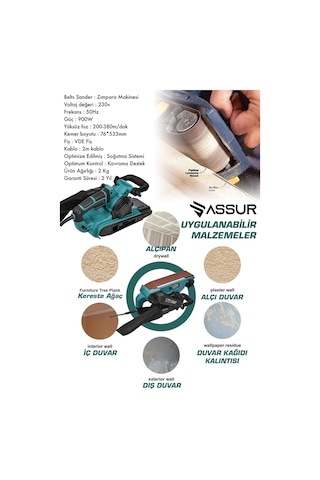 Assur 900W Elektrikli Vakumlu Tozsuz Cila Özellikli Tank Zımpara Makinesi - 1744