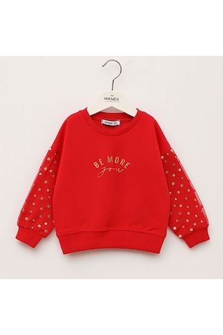 Kız Çocuk Tül Kol Detaylı Uzun Kollu Sweatshirt Kırmızı 2 7 Yaş Kırmızı