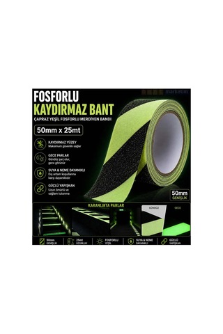 Fosforlu Kaydırmaz Bant 50mm X 25mt Çapraz Yeşil Fosforlu Merdiven Ve Zemin Bandı Bant Marketim