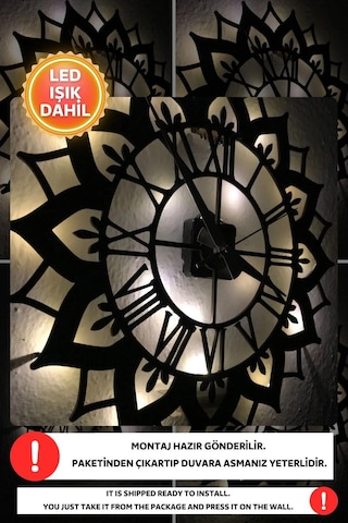 Led Işıklı Çiçek Duvar Saati Sessiz Dekoratif Modern Siyah Duvar Siyah