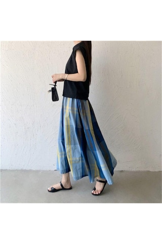 Qooth Kadınlar Rahat 8 Renk Büyük Ekose A-line Etek Tembel Elastik Bel Büyük Salıncak Uzun Etek Bahar Yaz Qt2055 Mavi