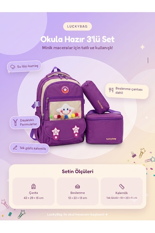 3'lü Set Çocuk İlkokul Çantası Kalemlikli Beslenme Çantalı Sırt Çantası Mor 3'lü Set Çocuk İlkokul Çantası Kalemlikli Beslenme Çantalı Sırt Çantası Mor