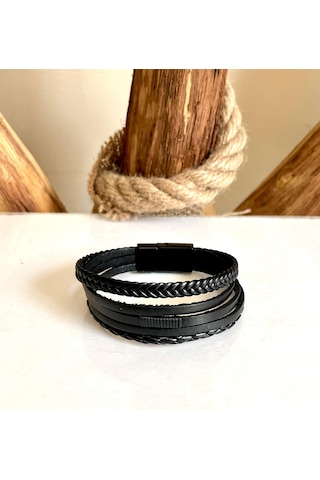 Hakiki Deri 5li Siyah Erkek Bileklik 21 Cm Türk El Üretimi Siyah