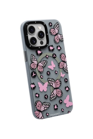 Apple Uyumlu iPhone 15 Pro Kılıf Magsafe Özellikli Kelebek Desenli Youngkit Shadow Dance Serisi Pembe