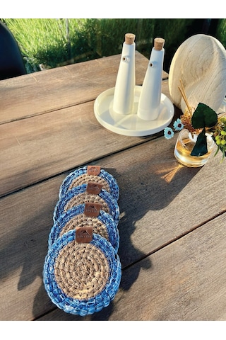 4 Adet Yuvarlak Bardak Altlığı- Leke Tutmaz- Naturel-mavi13x13 Cm Naturel