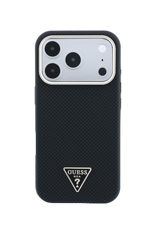 Apple iPhone Uyumlu 18 Pro Kılıf Guess Lisanslı M-safeli Pu Metal Üçgen Logolu Karbon Fiber Kevlar Kapak Siyah