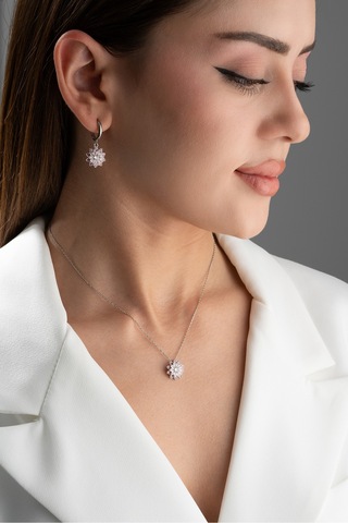 Çekirdekjewelry 925 Ayar Gümüş Lotus Kolye Küpe Seti Gri Pembe