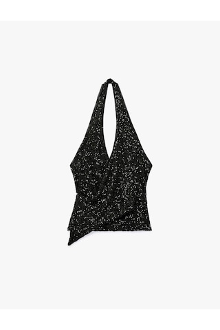 Koton Payetli Halter Yaka Kolsuz Drapeli Kruvaze Abiye Bluz Siyah 7wak60005fk