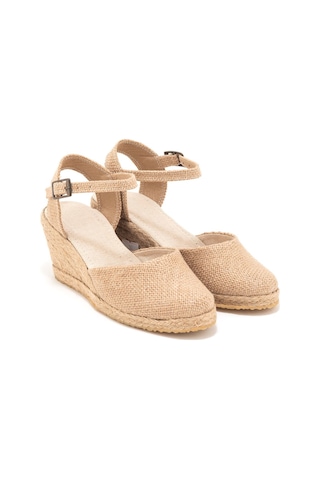 Star Tombis Gerçek Elişi Topuğu Açık Bilekten Bantlı Dolgu Topuk Keten Hasır Espadril Handmade Hasır