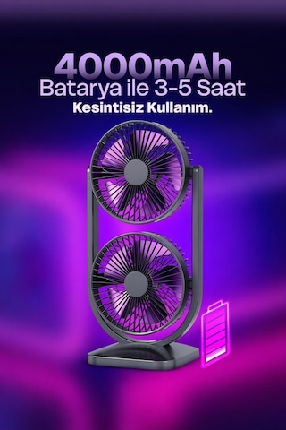 Taşınabilir Çift Başlıklı Sessiz Vantilatör Type-c Girişli, 3 Kademeli Mini Fan