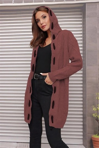 Aqe Fashion Kapüşonlu Kabartma Desenli Şerit Garnili Tarçın Hırka Tarçın