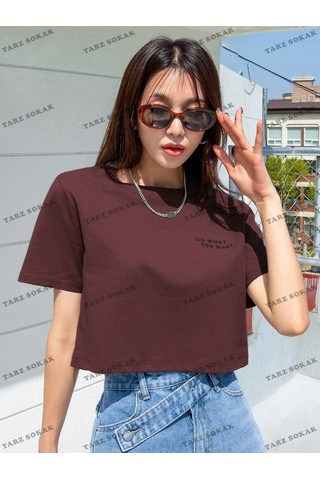 Flood Of Style Crop Ckod-232913 Dazy Kadın Slogan Desenli Kısa Kollu Kısa Bordo