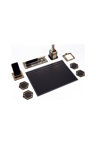 Roxy Siyah Deri Sümen Takımı Gold Mermer Desen Ahşap İsim Yazılı Masa İsimliği Masaüstü İsimlik Seti