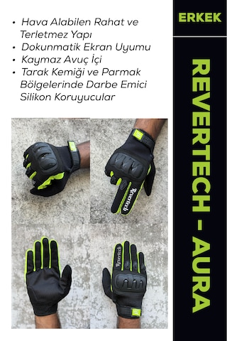 Revertech Aura Siyah / Neon - Dokunmatik Ekran Uyumlu Erkek Motosiklet Eldiveni + Buff li