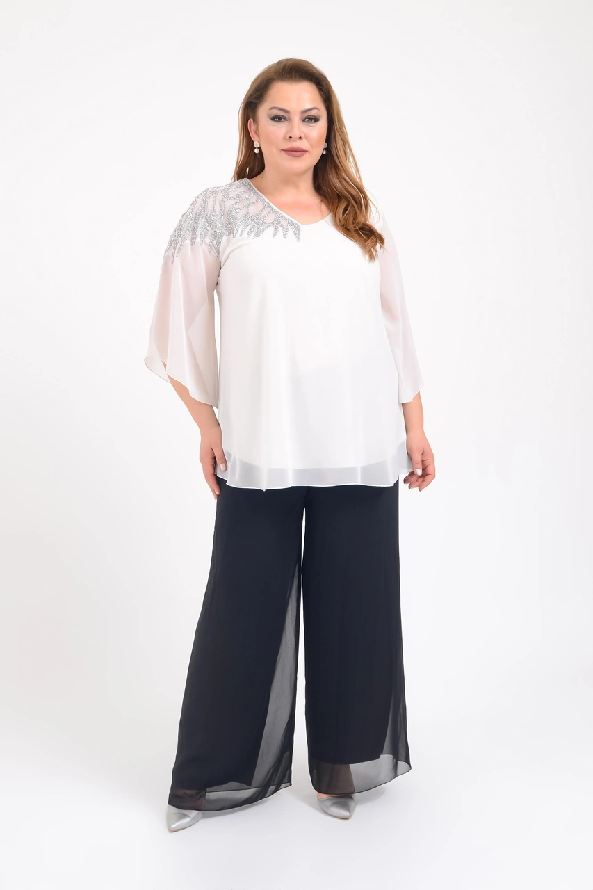 Büyük Beden Beyaz Renkli Şifon V Yaka Abiye Bluz Beyaz