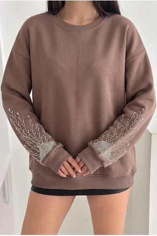 Femelle Kahverengi Kolları Boncuk Ve Taş İşlemeli %100 Pamuk Sweatshirt