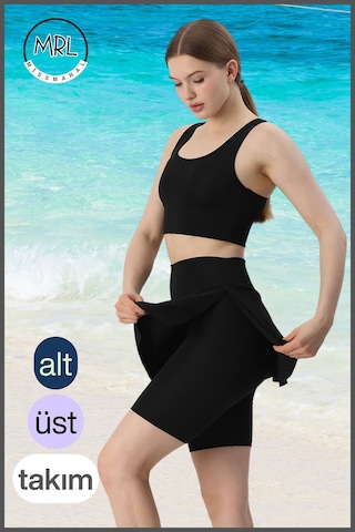 Kadın Siyah Takım Alt - Üst Biker Şort Diz Üstü &crop Bra Ped Destekli Denizde Havuzda Sporda Siyah