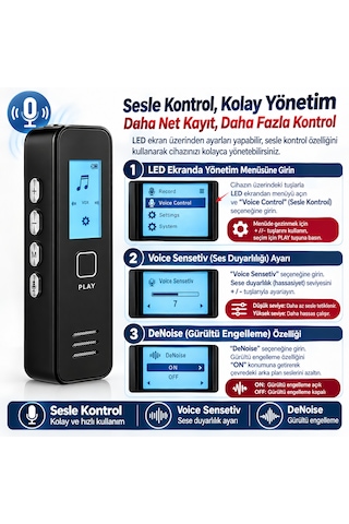 64 Gb Ses Kayıt Cihazı Sese Duyar Sensörlü Led Ekranlı,mp3