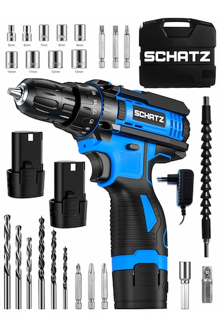 Schatz 12v Çift Akülü Çelik Şanzıman Bakır Sargılı Şarjlı Vidalama Matkap Mavi + 24 Parça Set
