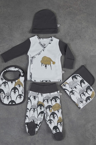 Veropukahome Ecocotton Pingu Erkek Bebek Zıbın Seti 5'Li Antrasit 0-3 Ay Füme