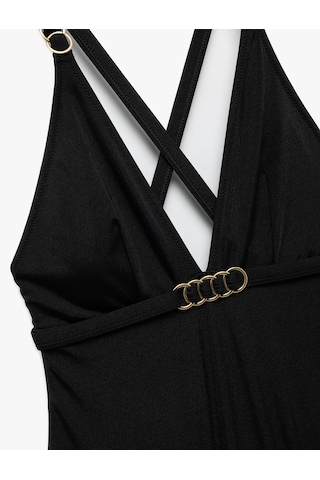 Koton Astarlı Aksesuarlı Derin V Yaka Arkası Çapraz Askılı Mayo Siyah 5sak20044mm Siyah