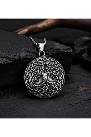 Çift Taraflı Kullanım Nordic Yggdrasil Yaşam Ağaç Viking Pusula Kolye Antik Gümüş