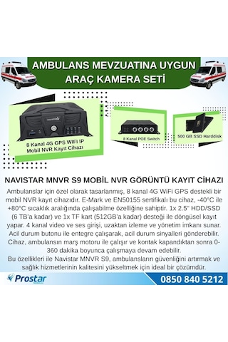 Ambulans Yönetmeliğine Uygun 2 Kameralı 8 Kanal Mobil Nvr 500 Gb Tak Kullan Set