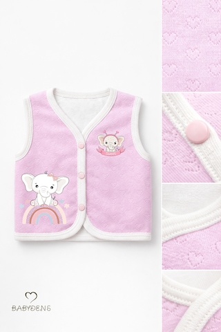Babyden's Kız Bebek Yelek Jakarlı Kalp Desenli Pamuklu Çıtçıtlı Fil Baskılı Bebek Yeleği Mevsimlik,yumuşak Pembe