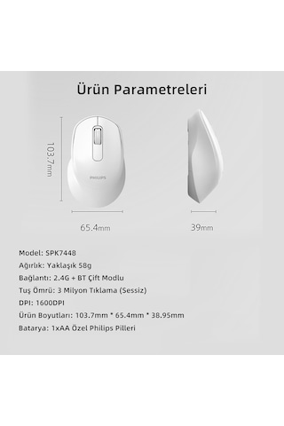 Philips SPK7448 Kablosuz Bluetooth 1600 DPI 4 Tuşlu Optik Mouse
