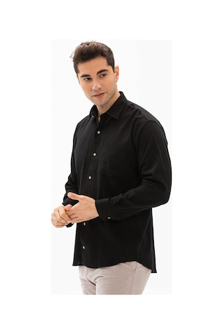 Eliş Şile Bezi Büyük Beden Şile Bezi Tek Cepli Uzun Kol Erkek Gömlek Siyah 3003 - 4XL Siyah