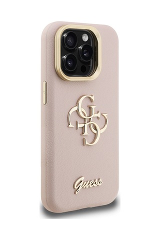 Apple Uyumlu iPhone 15 Pro Max Kılıf Guess Lisanslı Grained Yazı Logolu Kamera Standlı Kapak Pembe