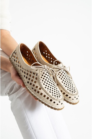 Dabab Shoes Vırena Kadın Bej Hakiki Deri File Bağcıklı Düz Taban Yazlık Babet Loafer Ayakkabı