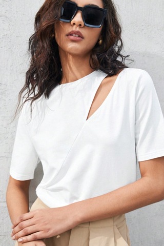Cool Tarz Omuz Dekolteli Basic Kadın Tişört Modern Kesim Günlük Bluz Beyaz
