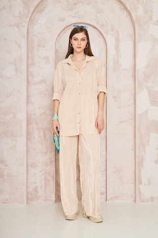 Kadın Pliseli Beli Lastikli Pantolon Tunik Gömlek Ikili Bürümcük Salaş Takım 3573300 Bej