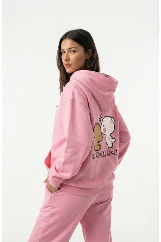 Nevermind Unisex Oversize Ayıcık Baskılı Çift Hoodie Pembe