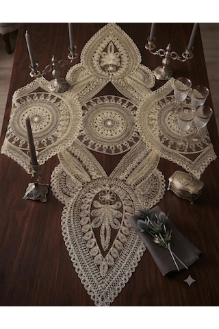 3 Lü Set Hafif Gold Renkli Dantel Detaylı Runner