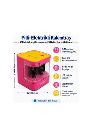 Ofisinn Masaüstü Otomatik Elektrikli Kalemtraş Çift Delikli 4 Aa Pil İle Çalışan Usb Kablo Destekli Pembe