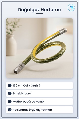 Doğalgaz Hortumu 150 Cm Çelik Örgülü Esnek Paslanmaz Mutfak Ocağı